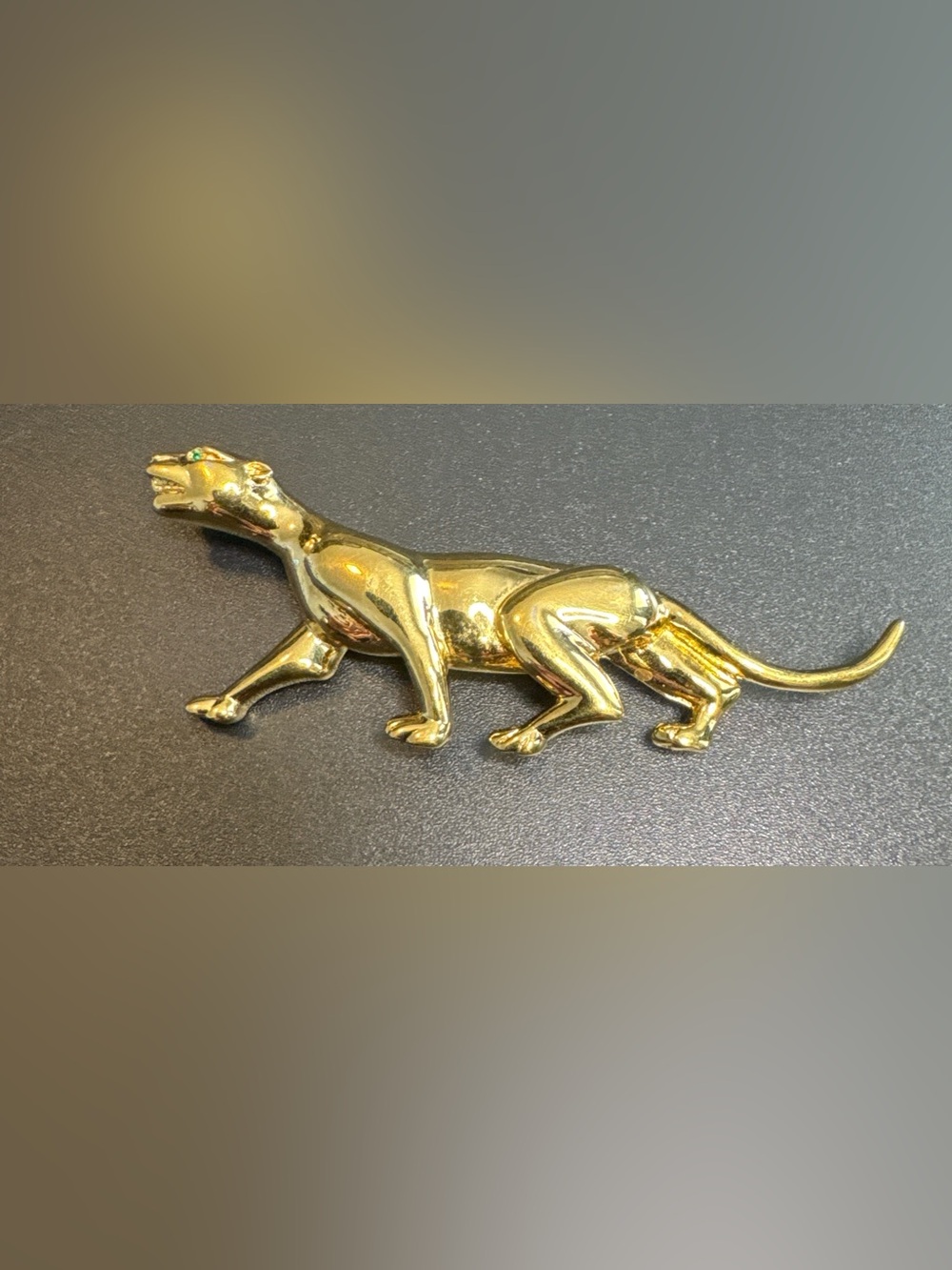 Vintage Signed Nina Ricci Gold-Tone Panther Brooch Green Crystal Eyes